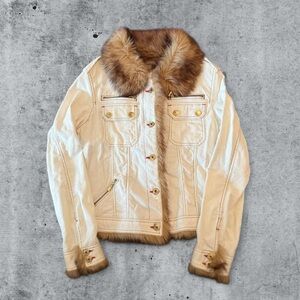 Womens Y2K Faux Fur Trim Jacket Cream Gold Button Glam 2000s Moto Style Finesse